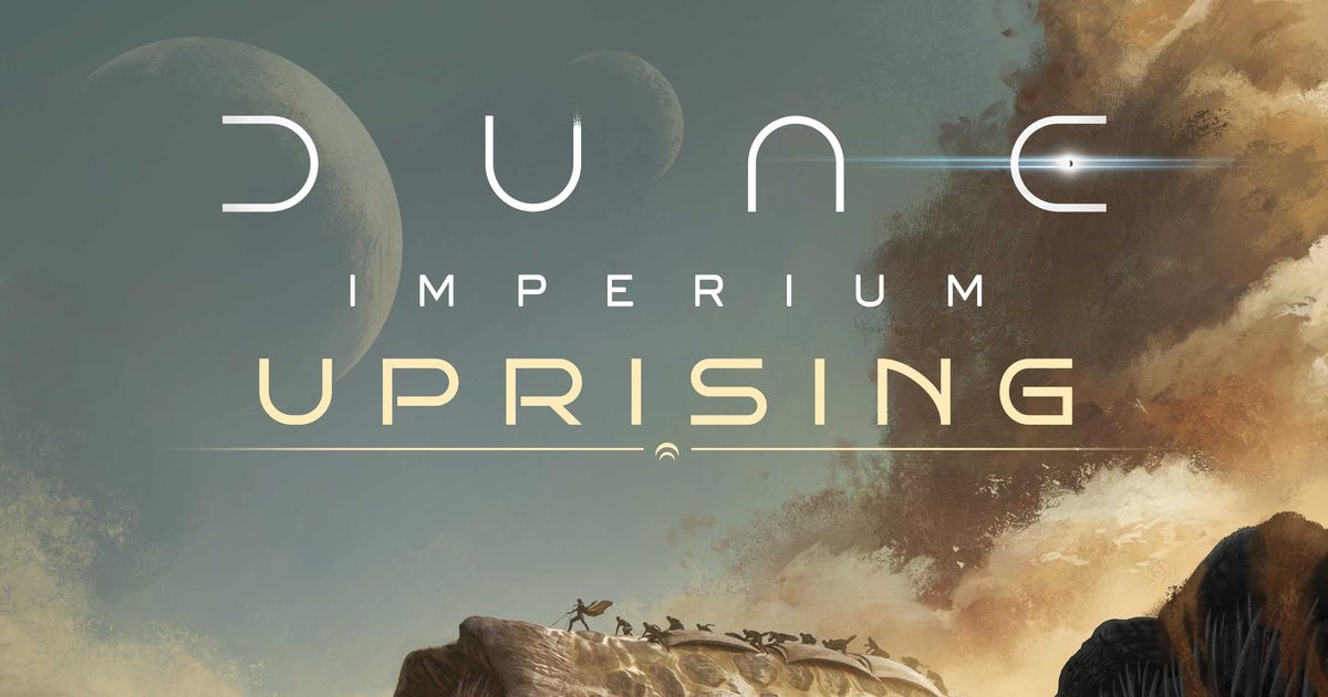 Cover art for Dune: Imperium – Uprising, showing sandworms and desert warriors beneath twin moons.
